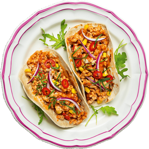 Mini tacos de veau aux poivrons, maïs et oignon rouge